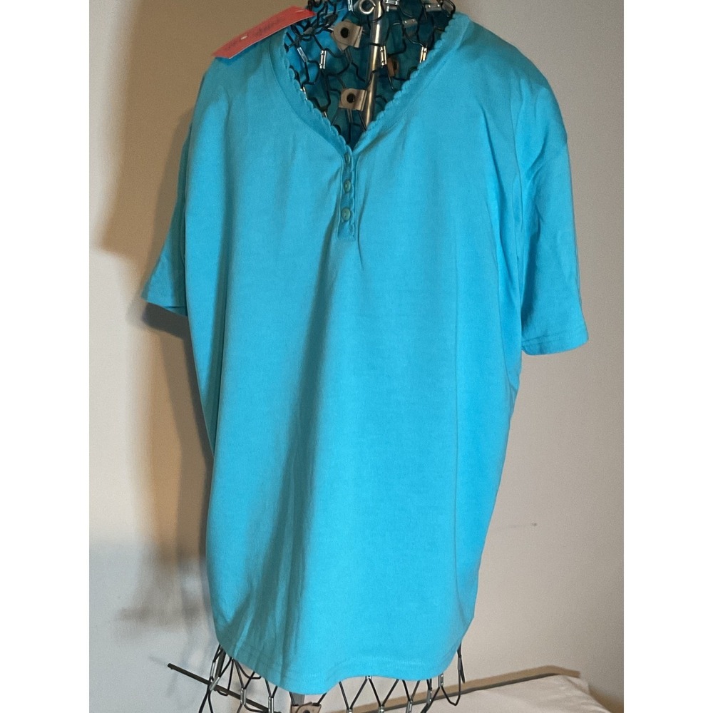 Pebble‎ Court Turquoise Blue Henley Top Short Sleeve Scalloped Neck 7523 Mens M
